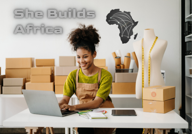 African woman entrepreneur managing digital trade on AMBESA – She Builds Africa